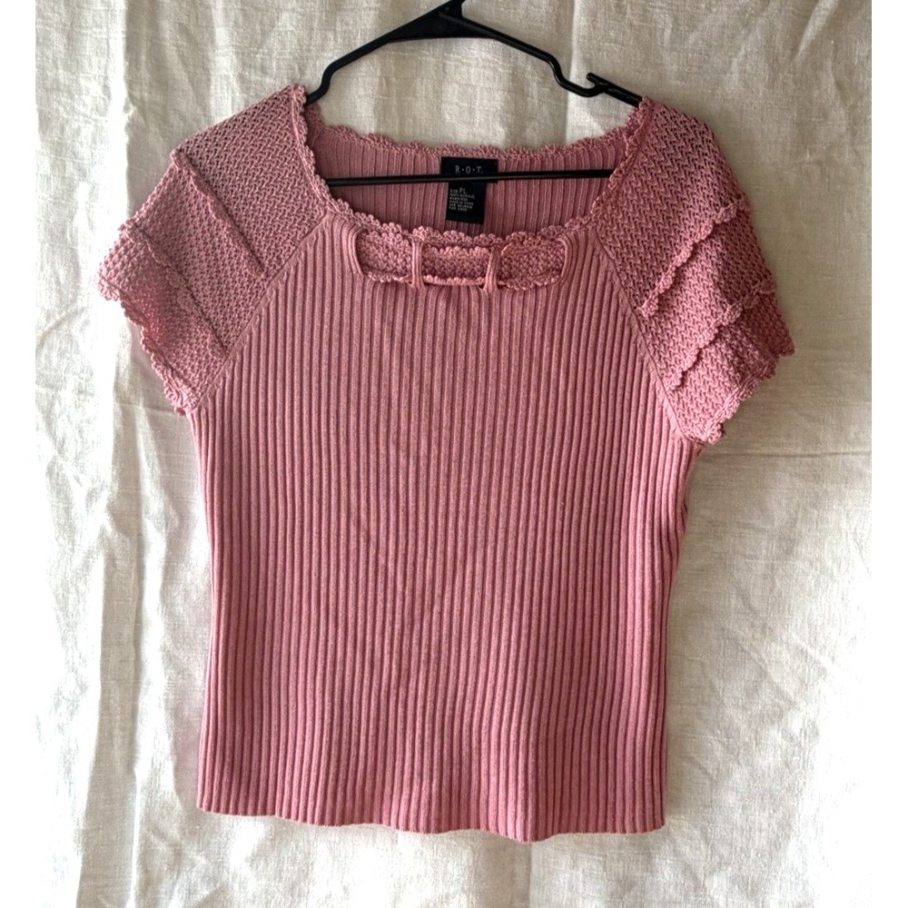 RQT Petite Large Pink Ribbed Knit Sweater Top‎ Stretch Short Sleeve Shirt